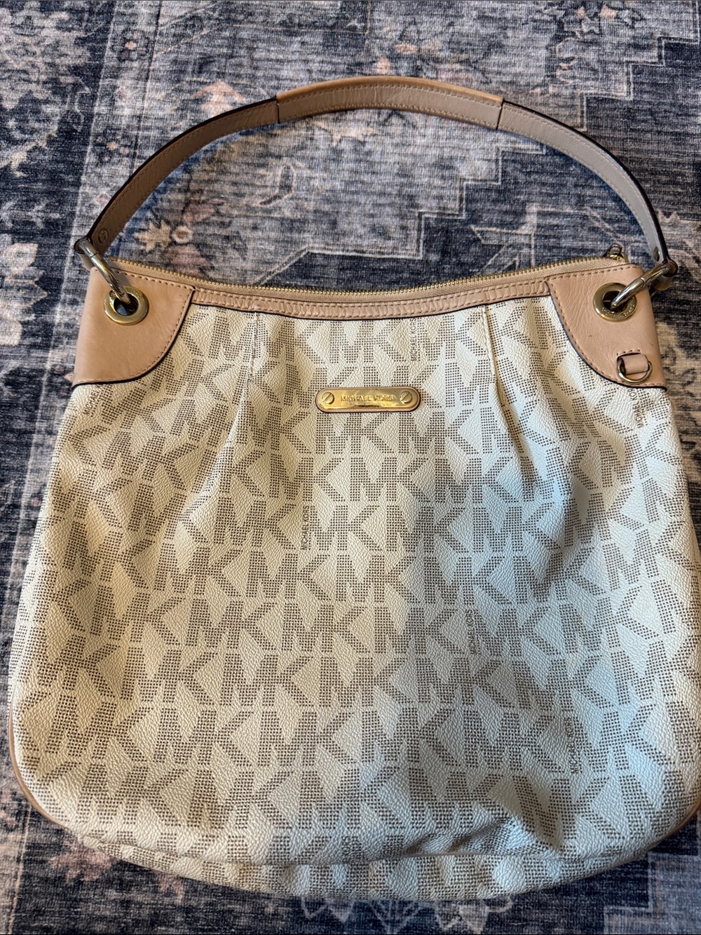 Michael Kors Cream and Tan MK Logo Shoulder Bag